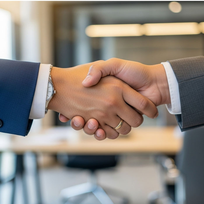 Close-up de um aperto de mão firme entre dois profissionais vestindo ternos formais (azul e cinza) em um ambiente de escritório iluminado. O foco está no gesto de parceria e conclusão de uma negociação.