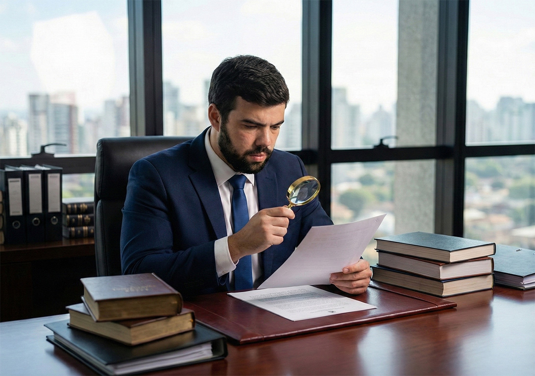 Advogado e perito especializado analisando detalhadamente um documento com uma lupa de precisão em seu escritório cercado de livros.