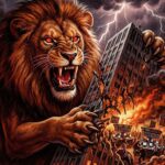 Ilustração dramática de um leão gigante com olhos vermelhos atacando um prédio financeiro em chamas, representando o impacto e o medo da nova tributação de dividendos em 2026 pela Receita Federal.