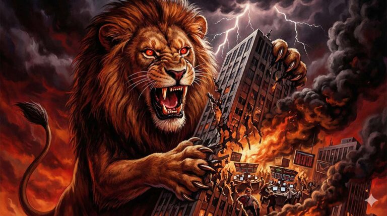 Ilustração dramática de um leão gigante com olhos vermelhos atacando um prédio financeiro em chamas, representando o impacto e o medo da nova tributação de dividendos em 2026 pela Receita Federal.