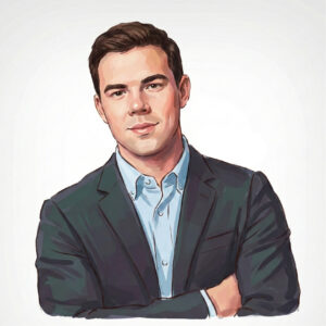 Ilustração digital em estilo realista do advogado Pedro Lemgruber, vestindo paletó e camisa social, com braços cruzados e expressão de confiança