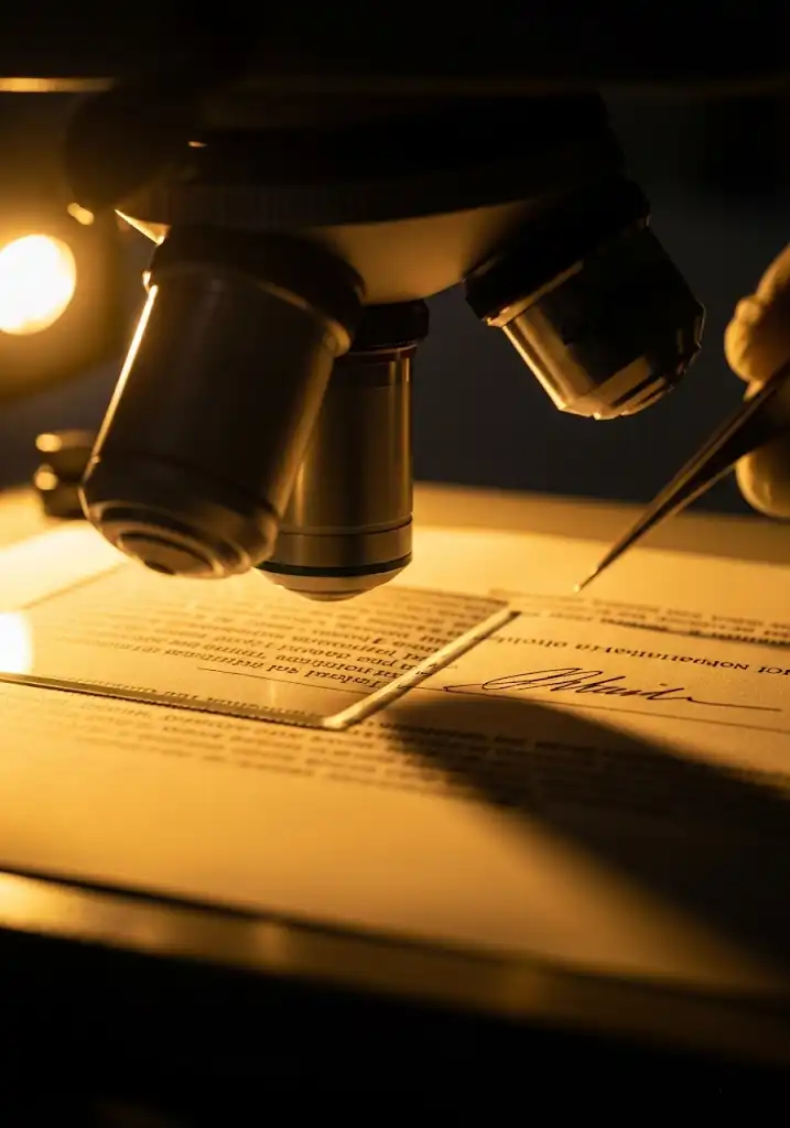 Microscópio realizando análise técnica de autenticidade em assinatura de documento.