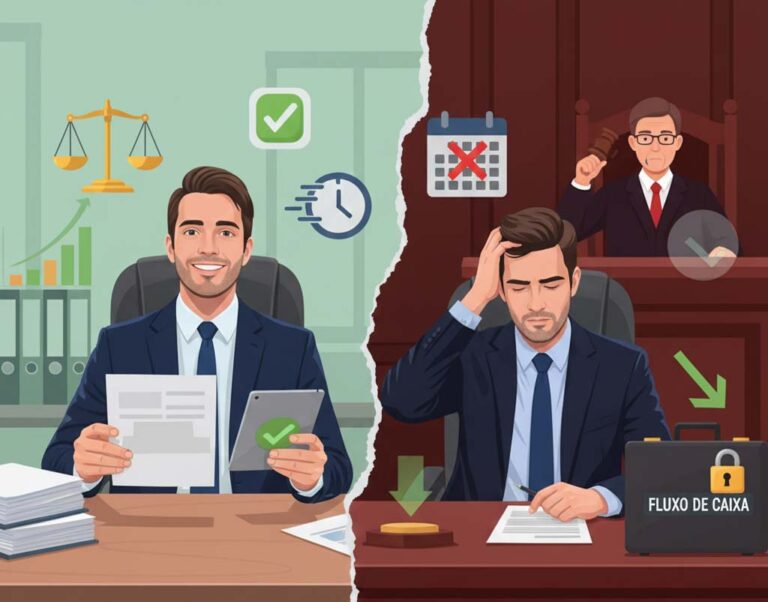 Infográfico comparativo mostrando, à esquerda, um advogado sorridente com o Processo Administrativo Fiscal (PAF) eficiente e, à direita, um empresário estressado com o processo judicial e fluxo de caixa bloqueado por cadeado. Título da Imagem: PAF vs Judicial: Proteção do Fluxo de Caixa