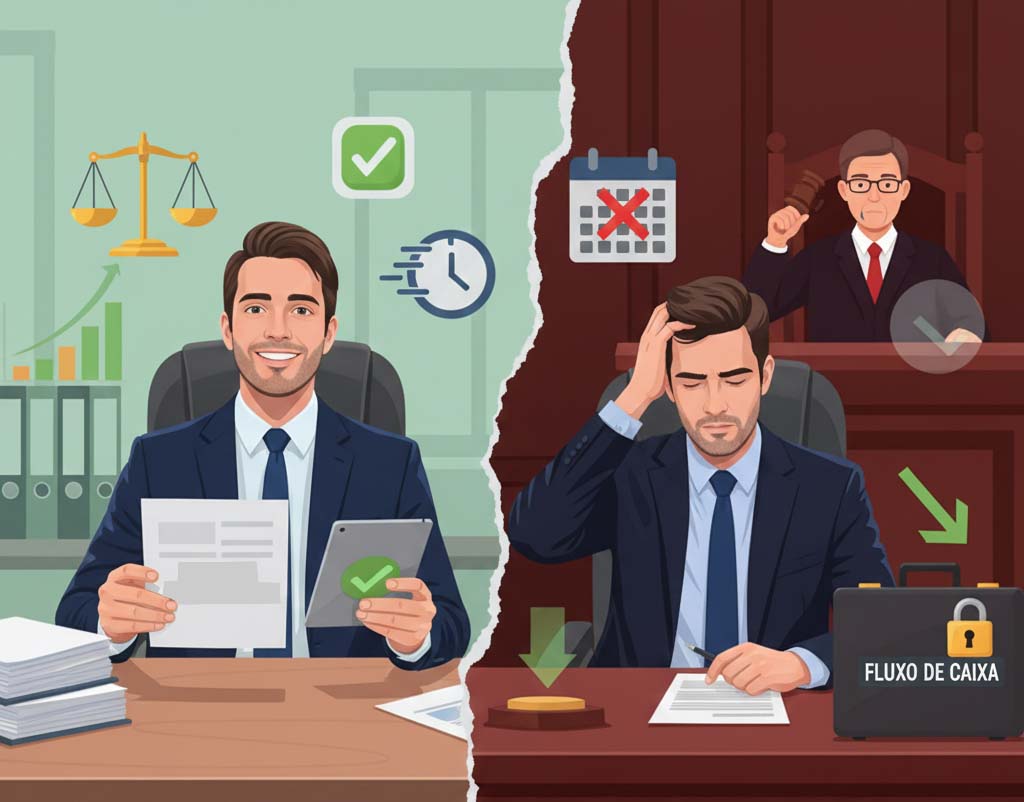 Infográfico comparativo mostrando, à esquerda, um advogado sorridente com o Processo Administrativo Fiscal (PAF) eficiente e, à direita, um empresário estressado com o processo judicial e fluxo de caixa bloqueado por cadeado. Título da Imagem: PAF vs Judicial: Proteção do Fluxo de Caixa