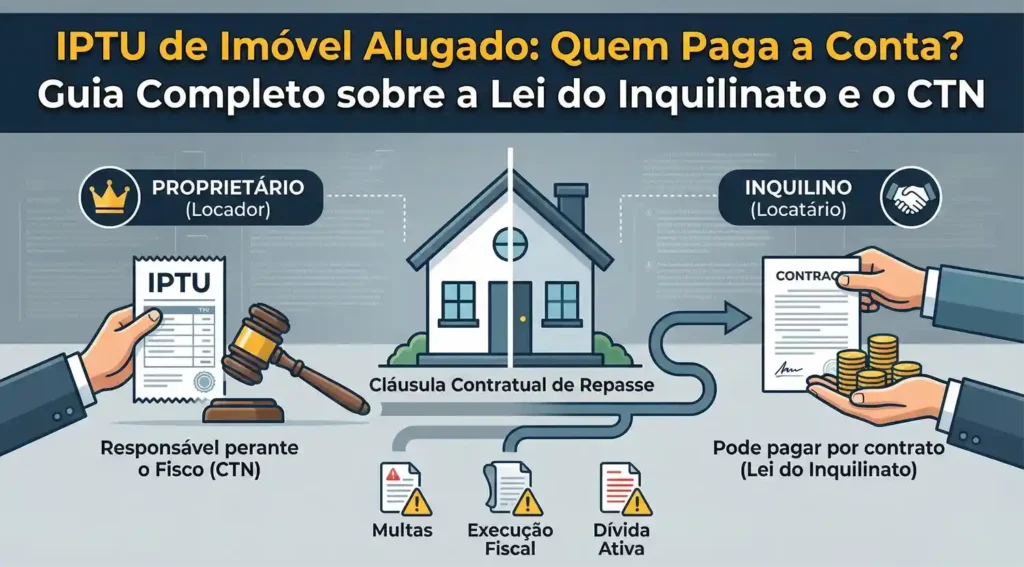 Infográfico jurídico explicando a responsabilidade pelo pagamento do IPTU em imóveis alugados. Comparativo entre a responsabilidade tributária do proprietário (sujeito passivo no CTN) e o repasse contratual ao inquilino permitido pela Lei do Inquilinato (Lei 8.245/91). Ilustração de fluxo de pagamento, multas e execução fiscal.