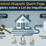 Infográfico jurídico explicando a responsabilidade pelo pagamento do IPTU em imóveis alugados. Comparativo entre a responsabilidade tributária do proprietário (sujeito passivo no CTN) e o repasse contratual ao inquilino permitido pela Lei do Inquilinato (Lei 8.245/91). Ilustração de fluxo de pagamento, multas e execução fiscal.
