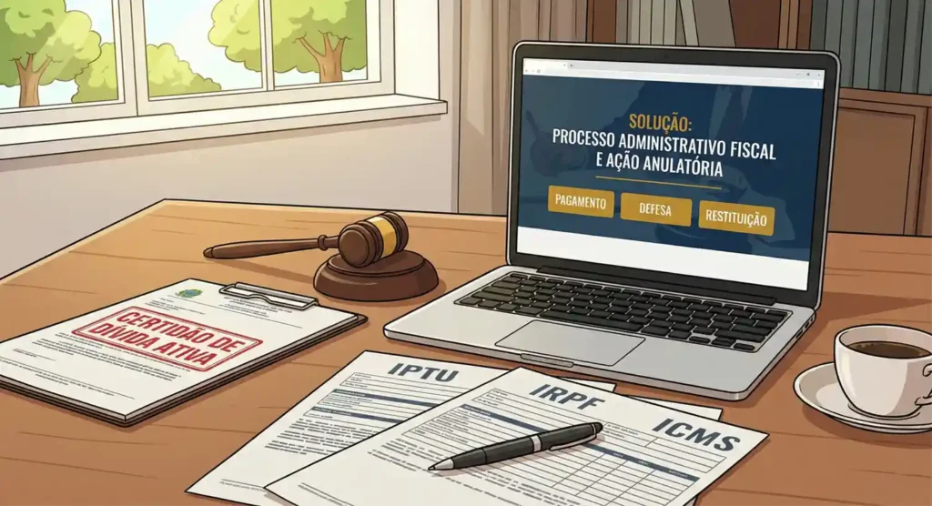 Mesa de escritório com notebook exibindo "Solução: Processo Administrativo Fiscal e Ação Anulatória" ao lado de documentos de IRPF, ICMS, IPTU e Certidão de Dívida Ativa.